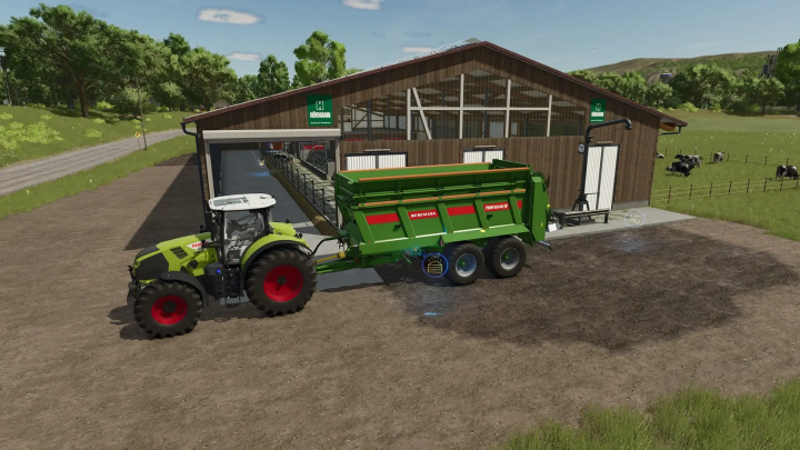 fs25-mods,  Tractor with trailer in front of Hörmann barn in FS25's Hörmann Kuhstall Set mod.