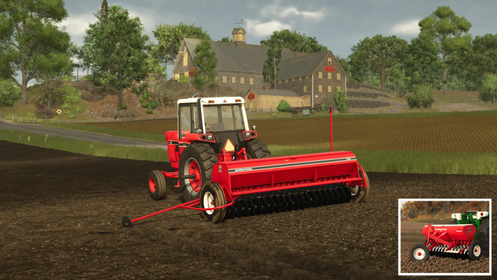 fs25-mods, FS25 mod International 5100 Grain Drill on a farm field, with a tractor in Farming Simulator 25.