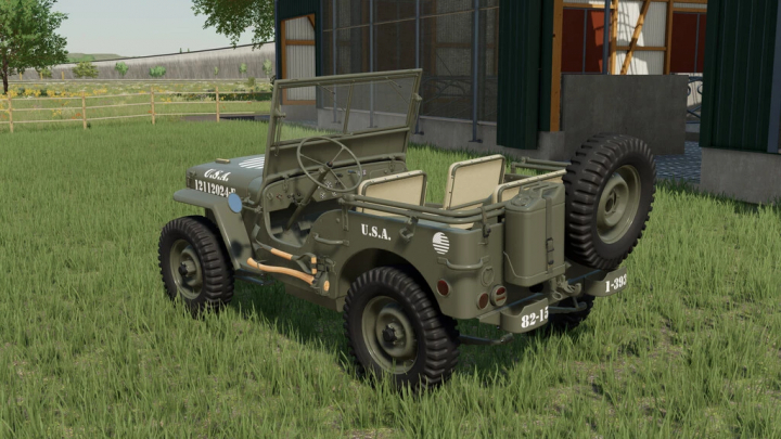 fs22-mods, JW Military 4x4 mod in Farming Simulator 22, featuring a vintage military jeep parked on grass by a building.