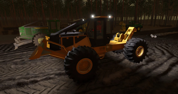 fs25-mods, John Deere 648GIII Cable Skidder in FS25 mods. A robust forestry vehicle in a nighttime scene.