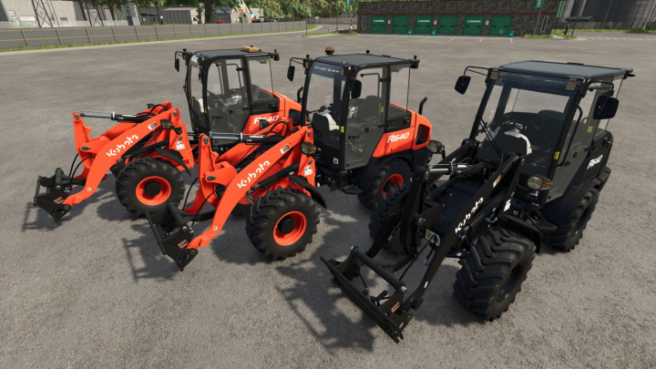 fs25-mods,  FS25 Kubota R640 Edited mod featuring three orange and black wheel loaders in Farming Simulator 25.