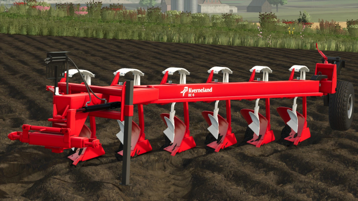 fs25-mods,  Kverneland BE 6 plow mod in FS25, featuring red and white design on a cultivated field.