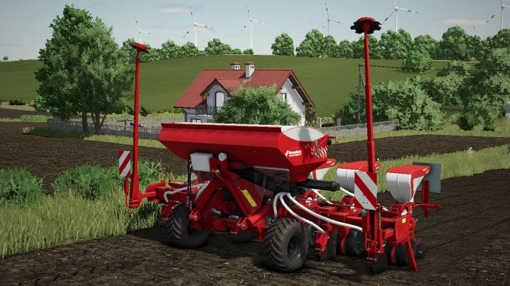 fs25-mods,  FS25 mod Kverneland Optima V v1.0.0.1 planter in farm setting, showcasing detailed machinery against a backdrop of fields and wind turbines.