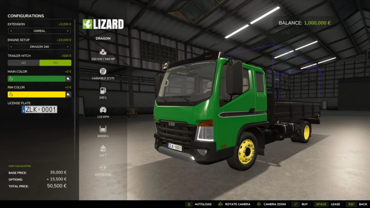 fs25-mods,  Lizard Dragon Enhanced Edition v1.0.0.0 mod for FS25, showcasing a green truck with customizable configurations in a garage.