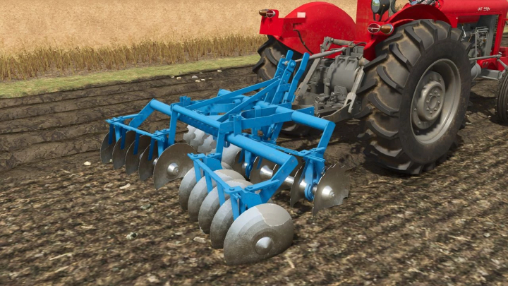 fs25-mods,  Lizard OLT plow mod for Farming Simulator 25 shown attached to red tractor on field.