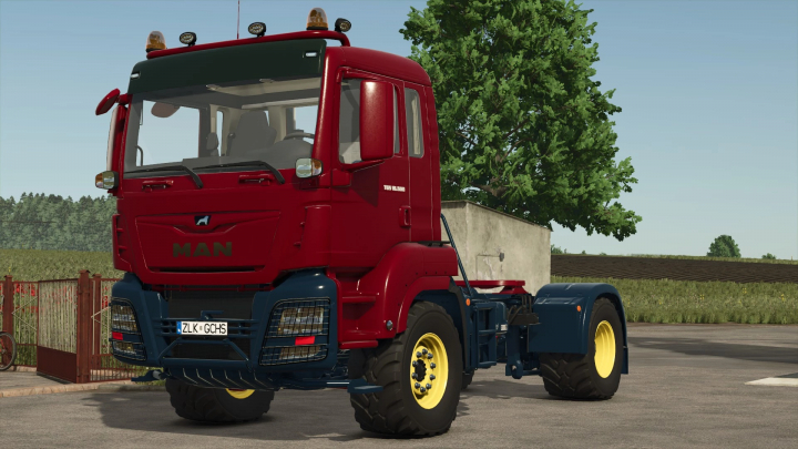 fs25-mods,  Red MAN TGS 18.500 4x4 truck mod in Farming Simulator 25, parked on a farm road.