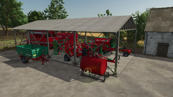 fs25-mods,  FS25 mod Machine Shelter v1.0.0.0 showing agricultural equipment stored in a large shed.