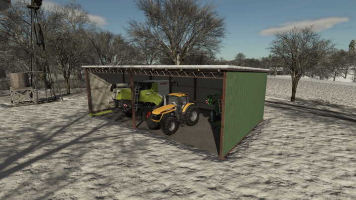 fs25-mods,  FS25 mod: Machinery Shed v1.0.0.0 featuring tractors and equipment in a snowy landscape.