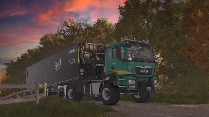 fs25-mods,  Man TGS AGRI v1.0.0.3 mod in FS25, featuring a green truck on a dirt path with a vibrant sunset in the background.