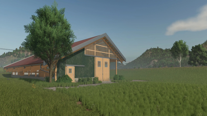 fs25-mods,  FS25 mod Maschineshed 35x20 v1.0.0.0, a large green and brown shed in a grassy field with trees and hills in the background.