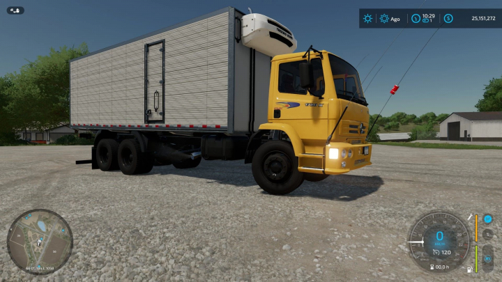 fs22-mods, Mercedes 1720 mod in FS22, showcasing a yellow cab and refrigerated trailer.