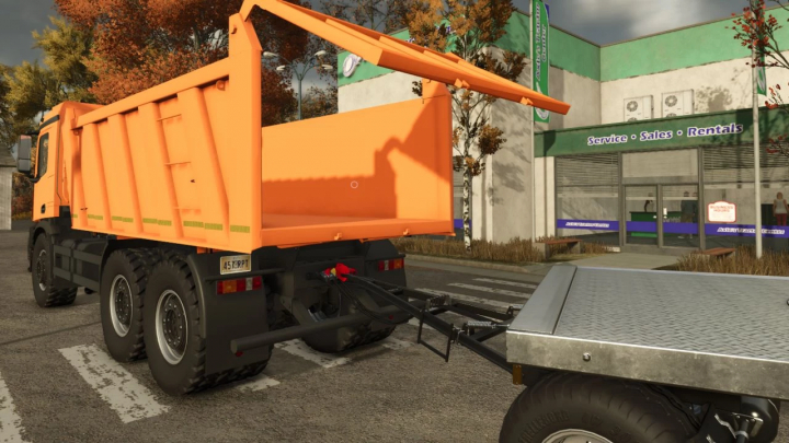 fs25-mods,  FS25 Mercedes Arocs mod with open dump truck bed in front of service center.