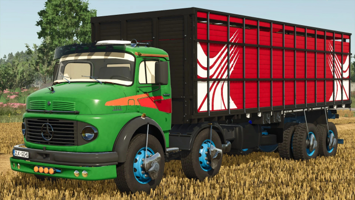 fs25-mods,  FS25 mod Mercedes Benz 1313 truck in green with red trailer, Farming Simulator 25.