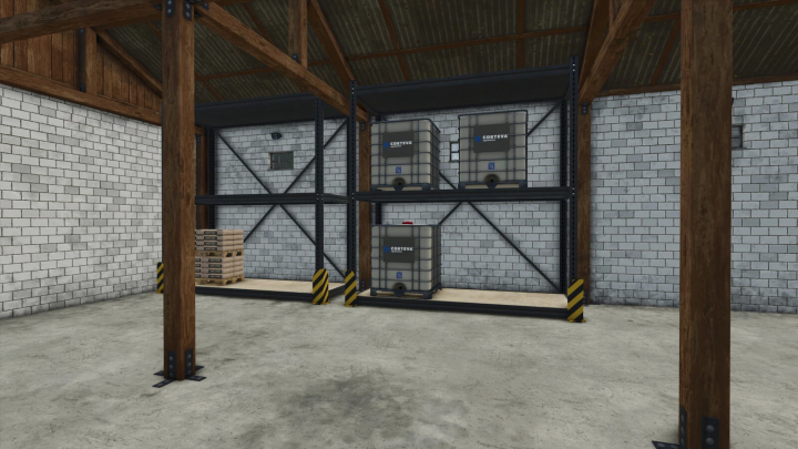 fs25-mods,  FS25 Metal Shelf mod v1.0.0.0 in a warehouse, featuring storage tanks and pallets.