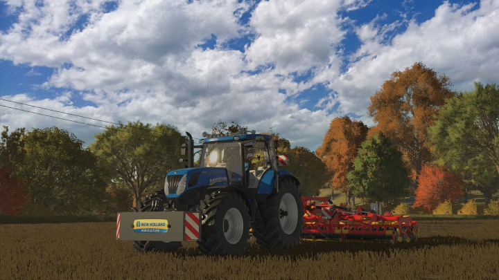 fs25-mods,  New Holland T7 Series tractor mod for FS25 in a field with autumn trees under a cloudy sky.