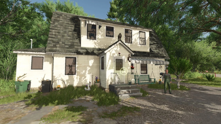 fs25-mods,  Farmhouse exterior in FS25 No Teleport mod, depicting a light-colored siding house amid lush greenery and a figure standing outside.