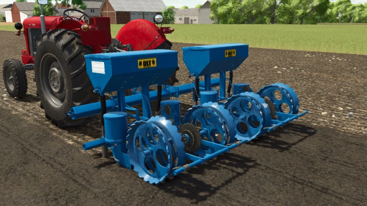 fs25-mods,  OLT PSK 4 v1.0.0.0 mod for Farming Simulator 25, featuring a blue agricultural seeder attached to a red tractor on a field.