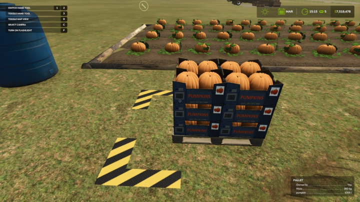 fs25-mods,  FS25 Open garden mod update v1.1.0.0 showing pumpkins in crates ready for harvest.