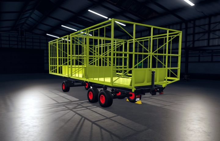 fs25-mods,  PTS 12 ARBA v1.0.0.2 mod for Farming Simulator 25, a green metal trailer with red wheels in a dimly lit warehouse.