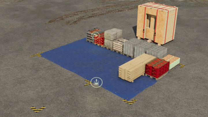 fs25-mods,  FS25 mod Pack Tarpaulin v1.0.0.0 showing various stacked pallets on a blue tarpaulin.