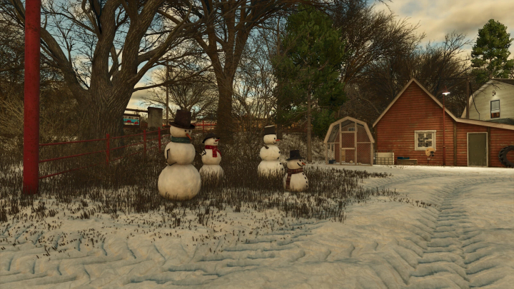 fs25-mods,  Placeable Snowmen mod in FS25, showing snowmen near a barn amid a snowy landscape.