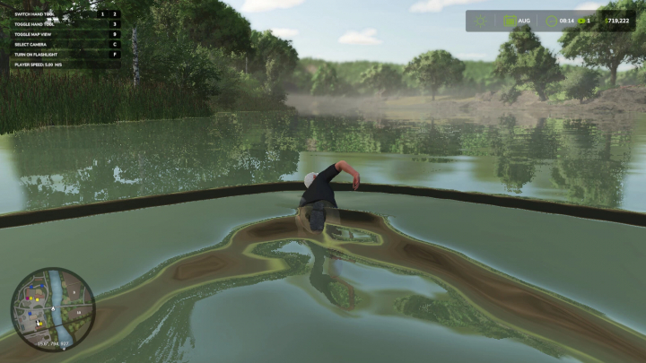 fs25-mods,  FS25 mod Player Movement v1.0.0.0 showing character swimming in a river, with a lush green landscape. In-game interface visible.