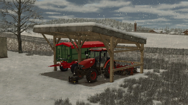 fs25-mods,  FS25 mod Polish Wooden Shed v1.0.0.0 with a tractor and trailer under a snow-covered roof in a winter farm landscape.