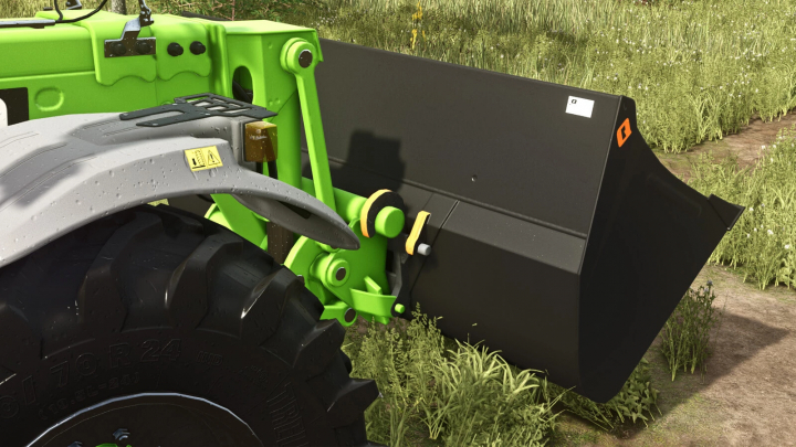 fs25-mods,  Close-up of Quicke HDV 240 bucket attachment on a tractor in FS25 mod, Farming Simulator 25.