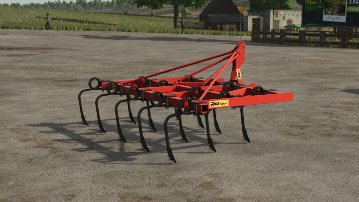 fs25-mods,  RAU SPIRAM 3M mod for Farming Simulator 25, showcasing a red cultivator in a rural setting. FS25 mods enhance gameplay.