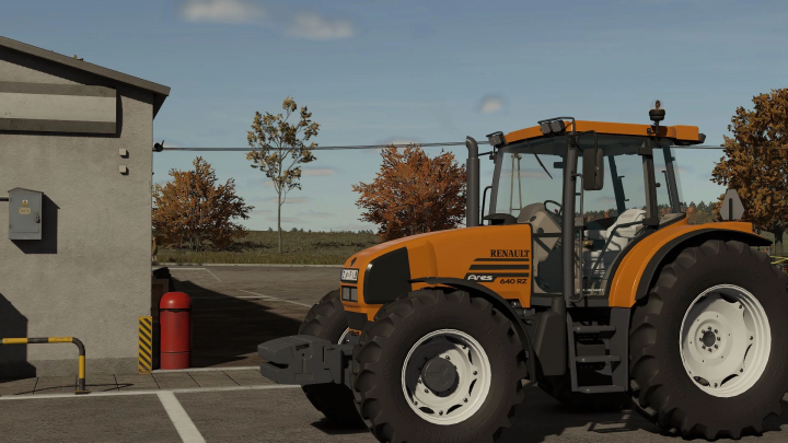 fs25-mods,  Renault Ares 640 RZ tractor in FS25 mod by a building, showcasing autumn scenery.