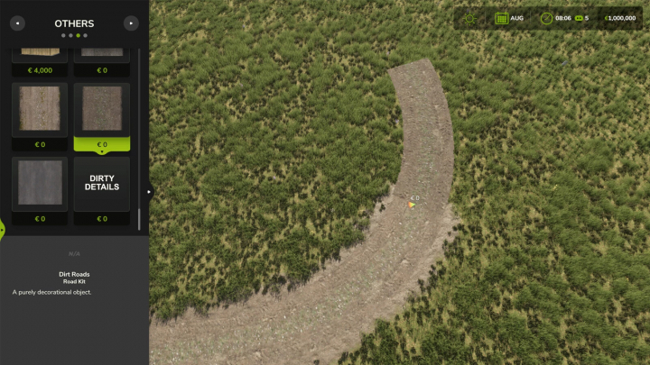 fs25-mods,  FS25 mods Road Kit v1.0.0.0 showing a curved dirt road surrounded by grass in Farming Simulator 25.