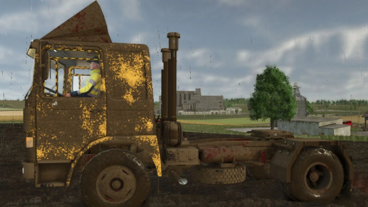 fs25-mods,  Rustic tractor mod Roman Cap v1.0.0.0 in FS25, depicting an old vehicle on a rainy farmland.