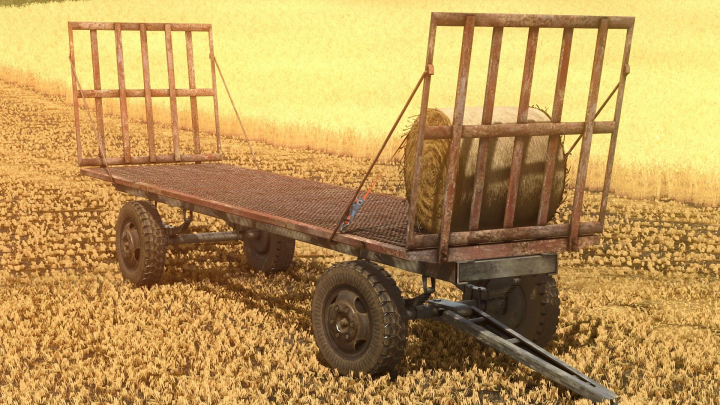 fs25-mods,  Romanian bale trailer mod in FS25 on a field. Farming Simulator 25 mod.