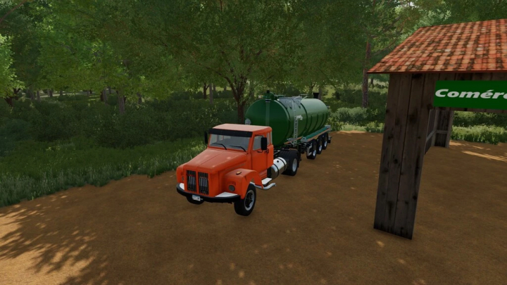 fs22-mods, Scania L111 truck mod in FS22, parked in a forest area with greenery and a wooden building nearby.