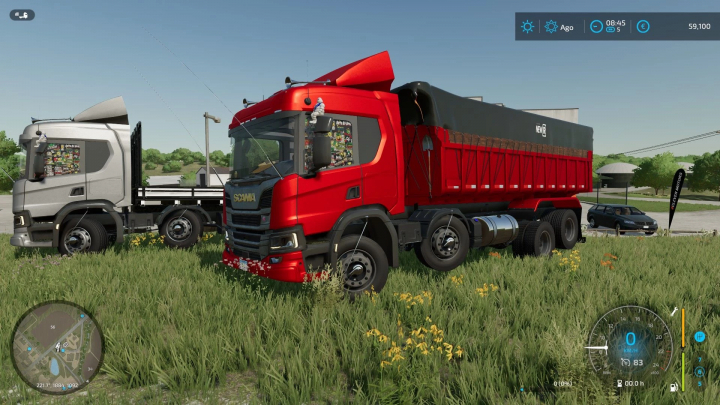 fs22-mods,  FS22 mod Scania P360 truck parked in a field, showcasing detailed design and vibrant colors in Farming Simulator 22.