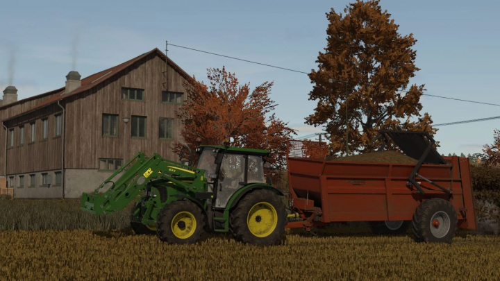 fs25-mods,  FS25 mod featuring a green tractor with Sodimac Rafal 900 v1.0.0.0 trailer beside an autumn tree and a barn.