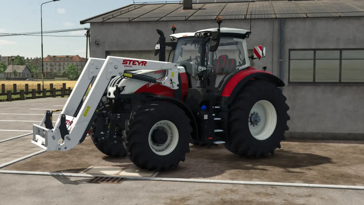 fs25-mods,  Steyr S4020T Front Loader v1.0.3.0 mod in FS25 showcased with red and white design outside a building.