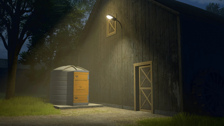 fs25-mods,  FS25 mods: Swimer Tank Pack v1.0.0.0 outside a wooden barn in Farming Simulator 25 at night.