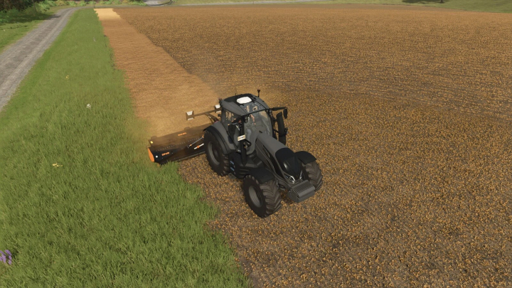 fs25-mods,  FS25 mod TMC Cancela TJP610 in action, mowing a field with a tractor. Farming Simulator 25 mods enhance gameplay realism.