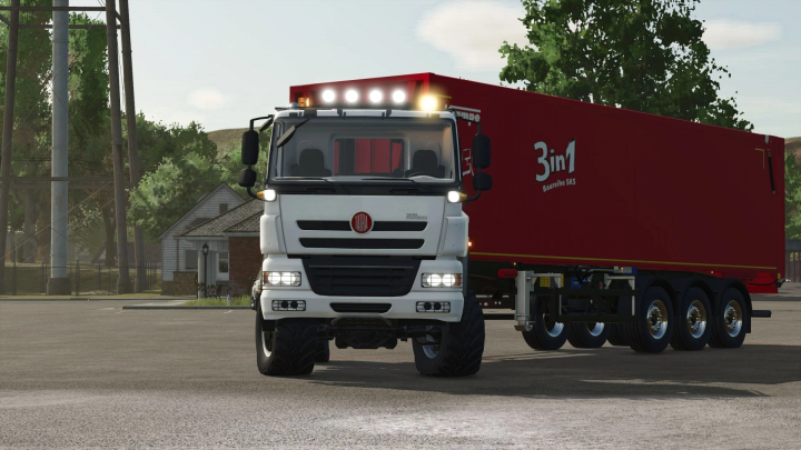 fs25-mods,  FS25 mod Tatra Phoenix 4x4 v1.0.0.0, featuring a white truck with a red trailer, parked on a farm.