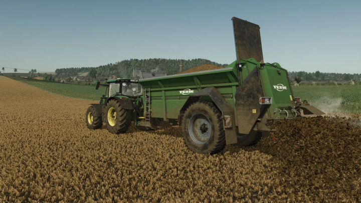 fs25-mods,  FS25 mods Tebbe MS140 v1.0.0.0 on a field spreading material, Farming Simulator 25 gameplay.