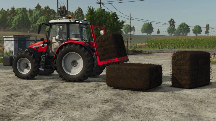 fs25-mods, FS25 mod Trioliet U165 v1.0.0.0 with a red tractor loading hay bales on a farm.