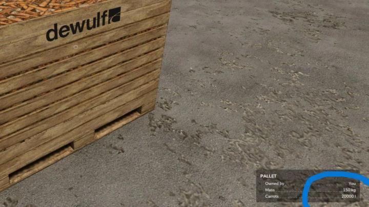 fs25-mods,  FS25 mod image of a large wooden vegetable pallet labeled 'dewulf' containing 20000L of carrots.