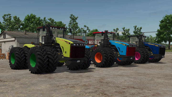 fs25-mods,  Three Versatile WD4 tractors in various colors parked outdoors in FS25 mod.