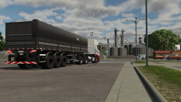 fs25-mods,  Volvo FH 2010 mod in Farming Simulator 25, featuring a large trailer in an industrial setting. FS25 mods.