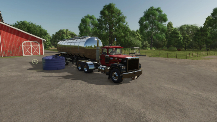 fs25-mods,  FS25 mod Water Distributor v1.0.0.0 showing a red truck with a stainless steel tanker near a red barn.