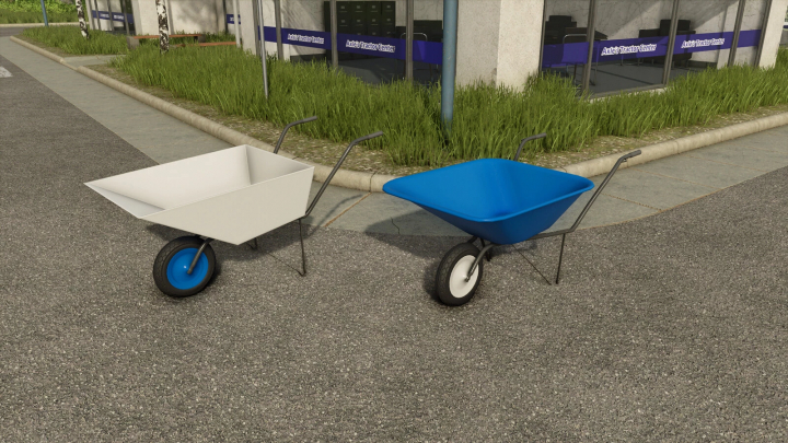 fs25-mods,  Two wheelbarrows in FS25 mod, one white and one blue, outside Axle's Tractor Center in Farming Simulator 25.