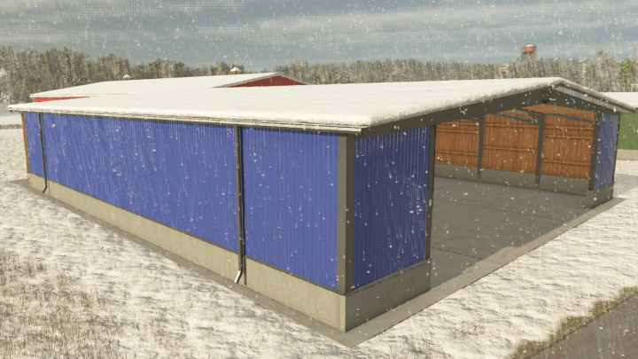 fs25-mods,  Wide Garage mod in FS25 with blue walls and snow cover, enhancing farming setup.