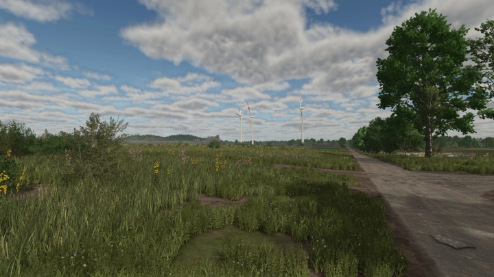 fs25-mods,  Scenic landscape with wind turbines in FS25 Wind Turbine Package mod.