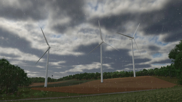 fs25-mods,  FS25 mods, Wind Turbine Pack v1.0.0.0 image showing three wind turbines in a rainy field under cloudy skies in Farming Simulator 25